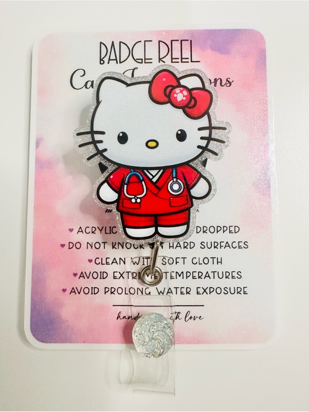 HK Red & White Nurse Badge Reel with Glitter Backing